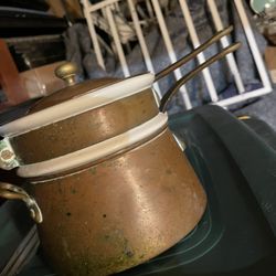 Vintage Copper Brass & Porcelain Double Boiler Pot