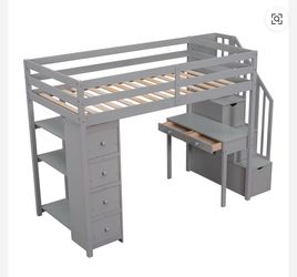 Gray Wood Twin Loft Bed with Desk and Storage