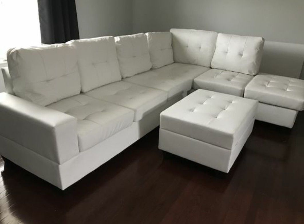 White Leather Sectional with Storage Ottoman 