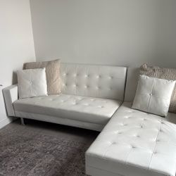 Modern White Faux Leather Sectional Futon Sofa – Pillows Included