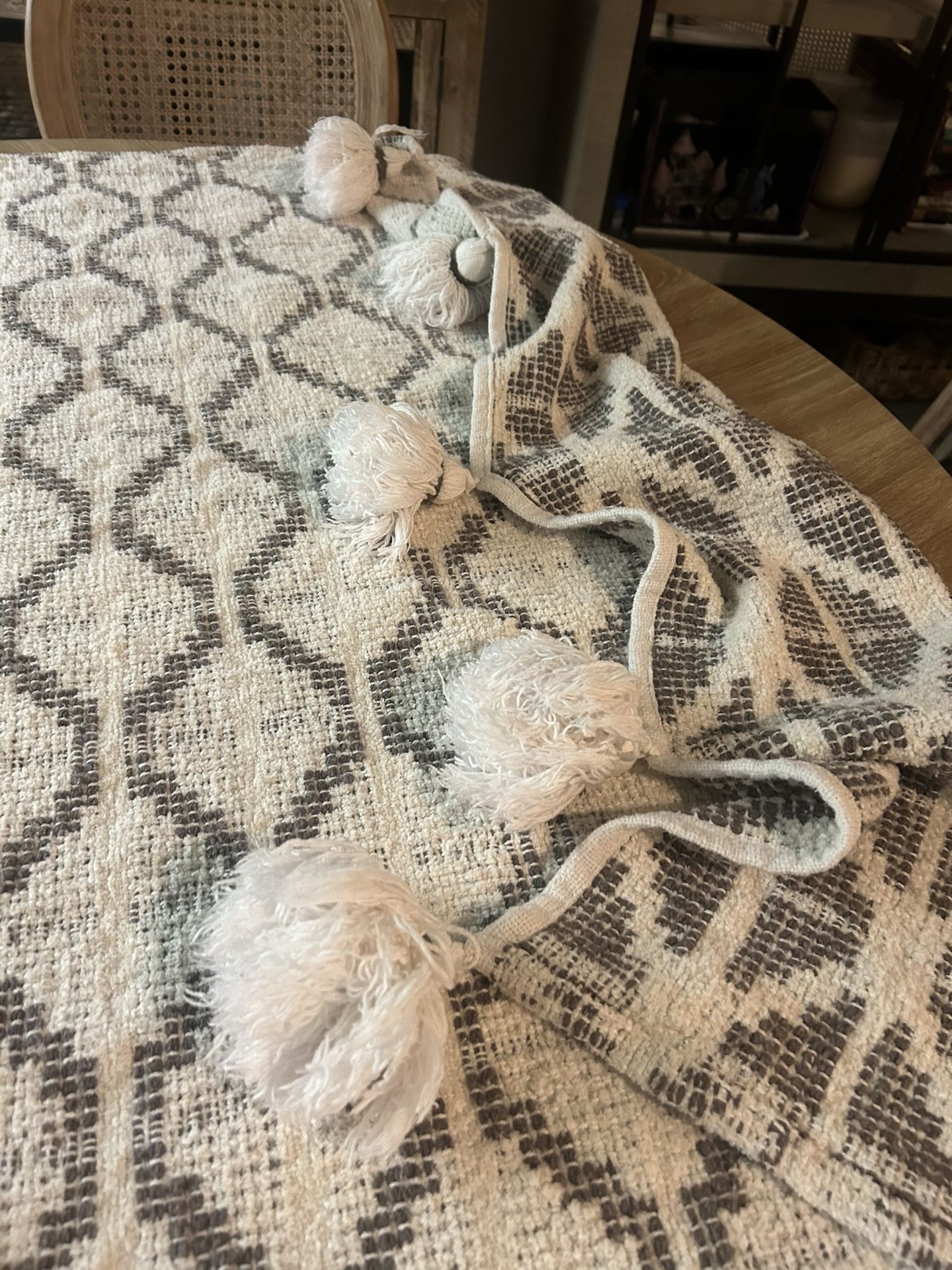 Neutral Throw Blanket With Fun Pom-Poms