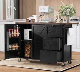 Has Scratches Assembled New 54.5" Farmhouse Kitchen Island w/ Power Outlet Black Rustic Roll