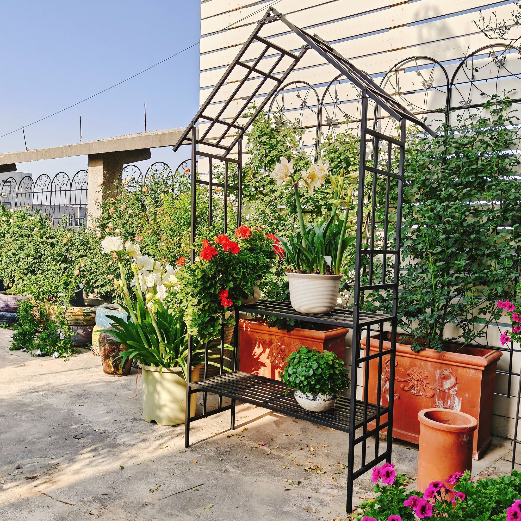 Metal Garden Arch with Bench Turned into Flower Stand W58.07*H97.24 Climbing Plants Support Rose Arch Outdoor Black