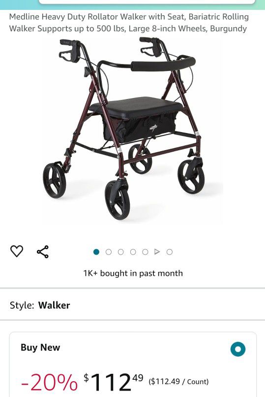 Medline Heavy Duty Rollator Walker with Seat, Bariatric Roling
Walker Supports up to 500 lbs, Large 8-inch Wheels, Burgundy