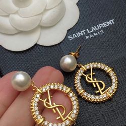 Yves Saint Laurent Logo Round Pearl Earrings