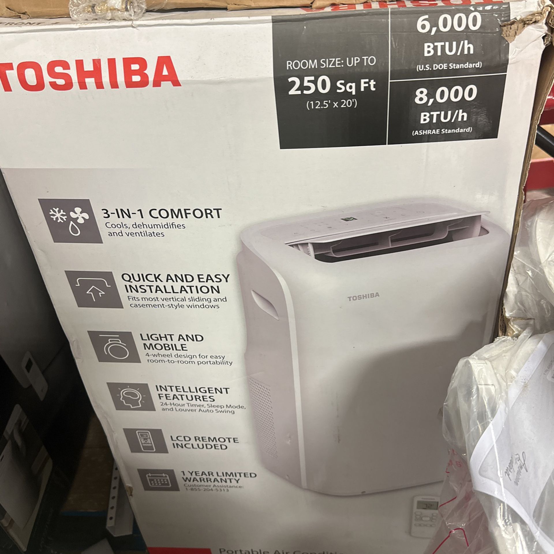 Toshiba 8,000 BTU (6,000 BTU DOE) 115-Volt Portable Air Conditioner with Dehumidifier Mode and Remote for rooms up to 250 sf