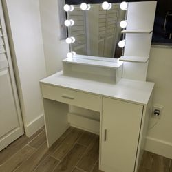 Makeup Vanity Desk with Lighted Mirror & Power Strip, Girls Dressing Table with Storage Shelves, White