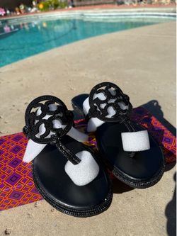 New Tory Burch Black Embellished Sandals