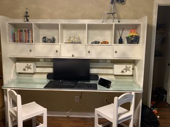 Large White Computer Desk / Workstation with Hutch, Storage & 2 Matching Chairs