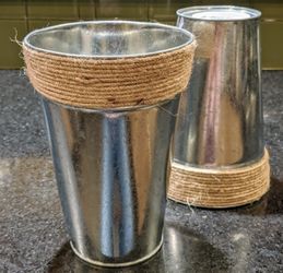 Metal, Rope: Tin Bucket, Vase, Pot, for crafts or flowers, 2 pc. New