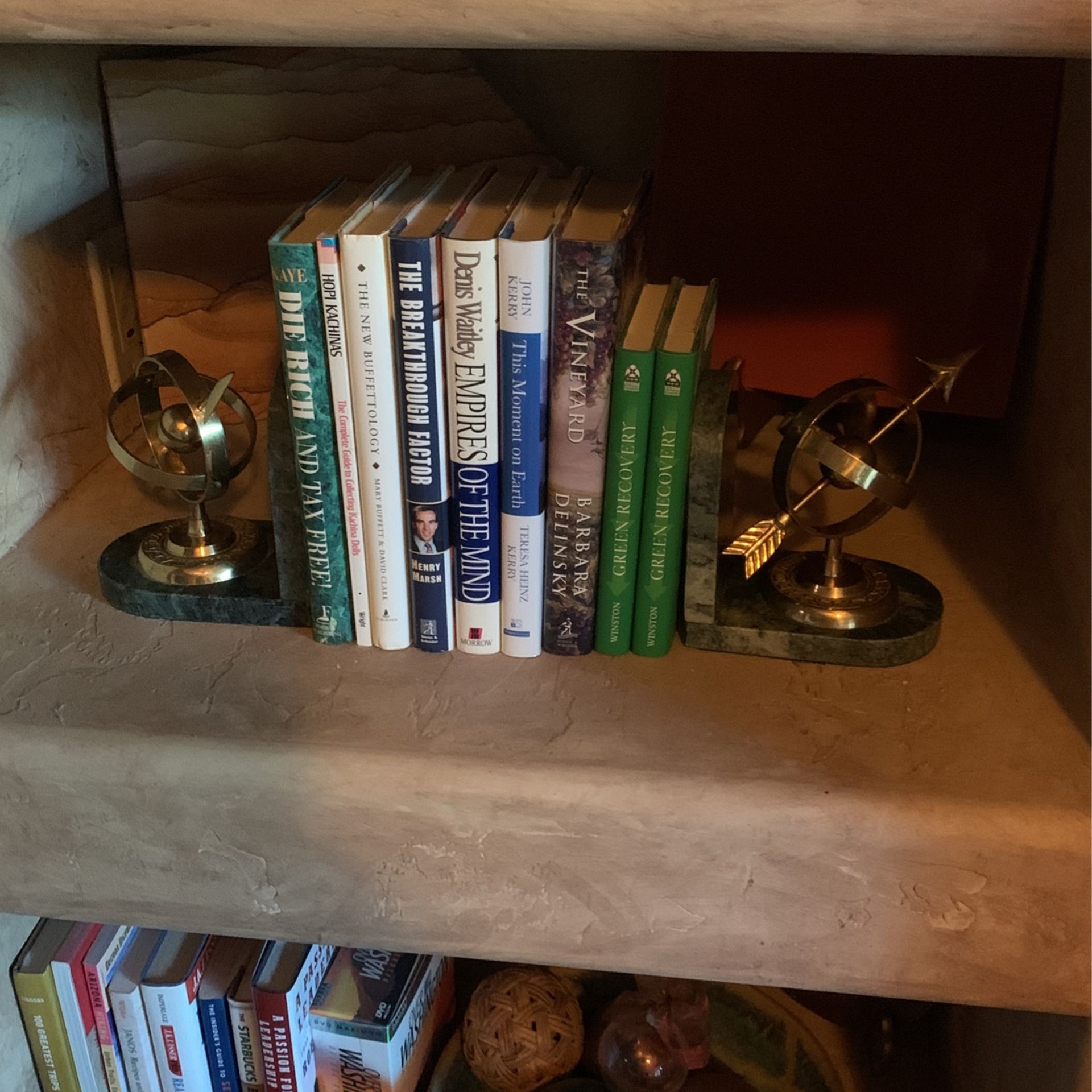 Brass And Marble Bookends. Globe And Nautical Astrolabe Decor