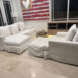 Modern White Slipcovered Sectional + Chair & Ottoman (Coastal Style)