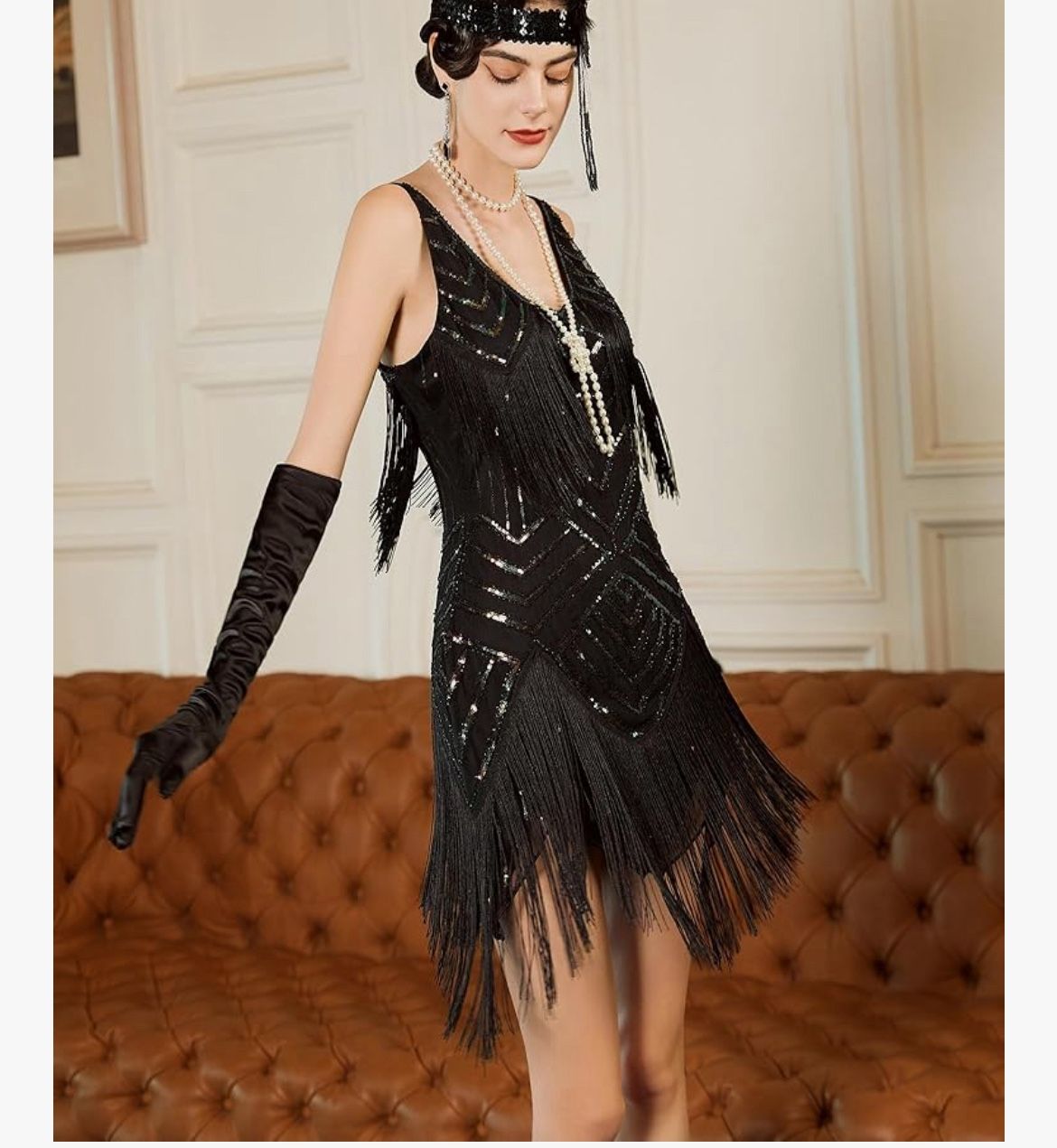 1920s Flapper V Neck Great Gatsby Fringe Cocktail Dress w/Accesories, Sm *NEW*