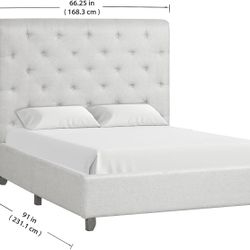 Queen Upholstered Bed Frame with Button Tufted Rollback Headboard, Textured Fabric Queen Size Platform Bed, Solid Wood Support, No Box Spring Needed f
