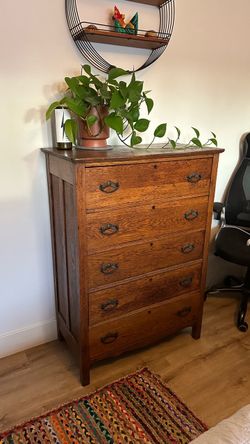 Vintage Restored Oak 5-Drawer Tallboy Dresser