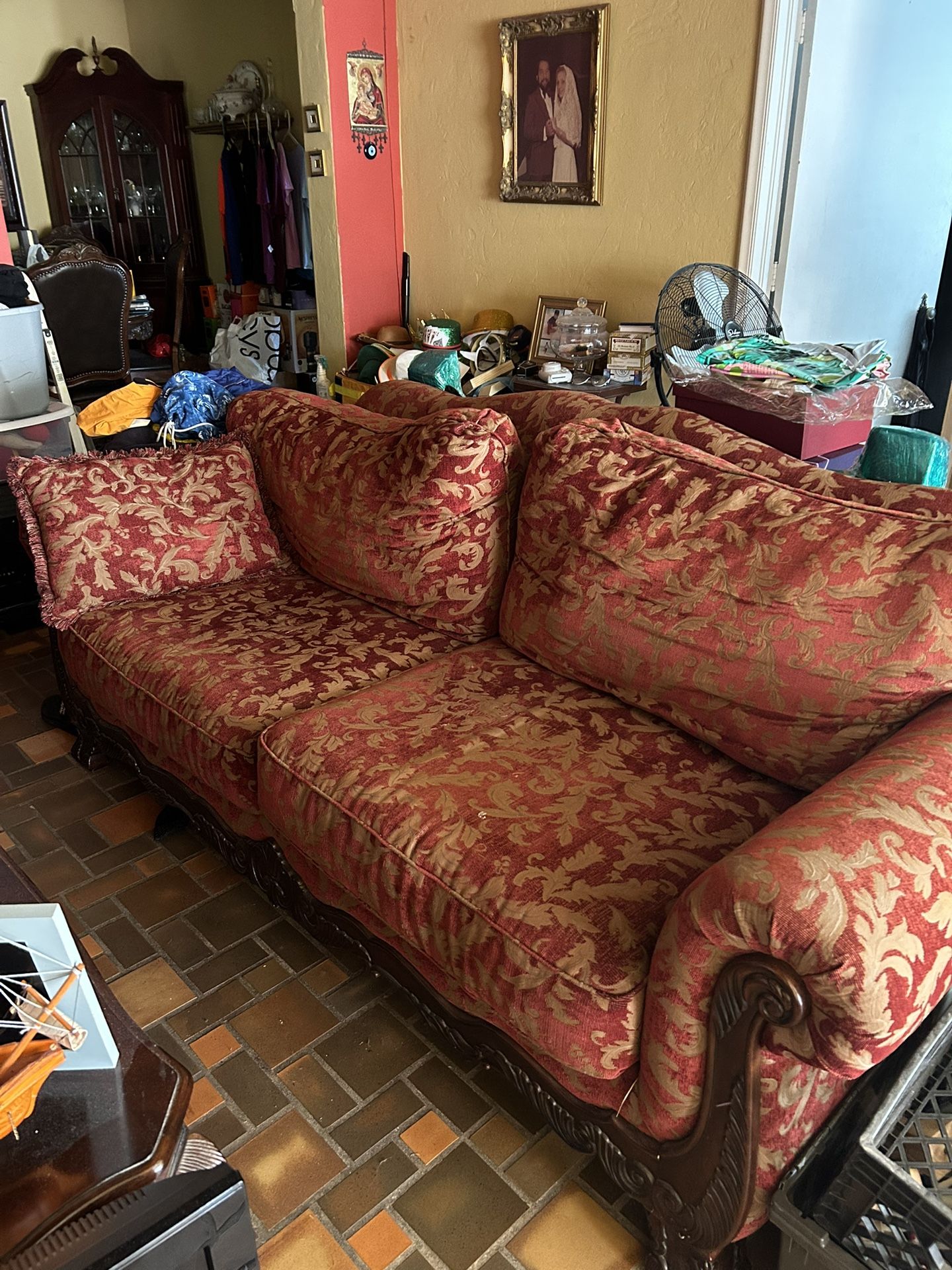 Antique Vintage Style Upholstered Wooden Arm Chair, Matching Sofa and wooden Coffee Table.