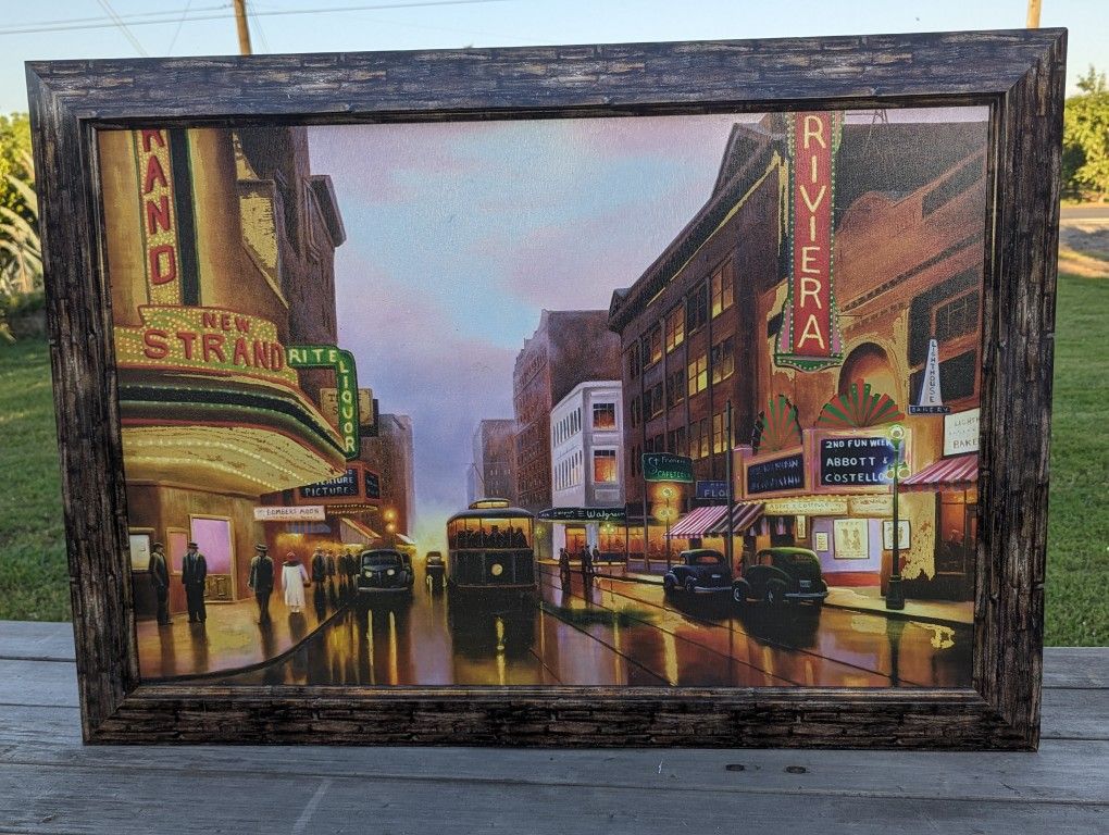 Vintage-Style Cinematic Street Scene Framed Art Print 41" x 29"