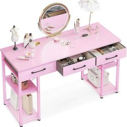 Small Computer Desk: Home Table with Fabric Drawers & Storage Shelves, Modern Writing Desk pink