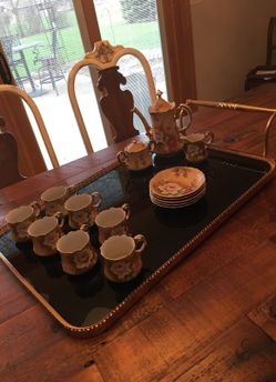 Gorgeous vintage metal and glass serving tray with dishes