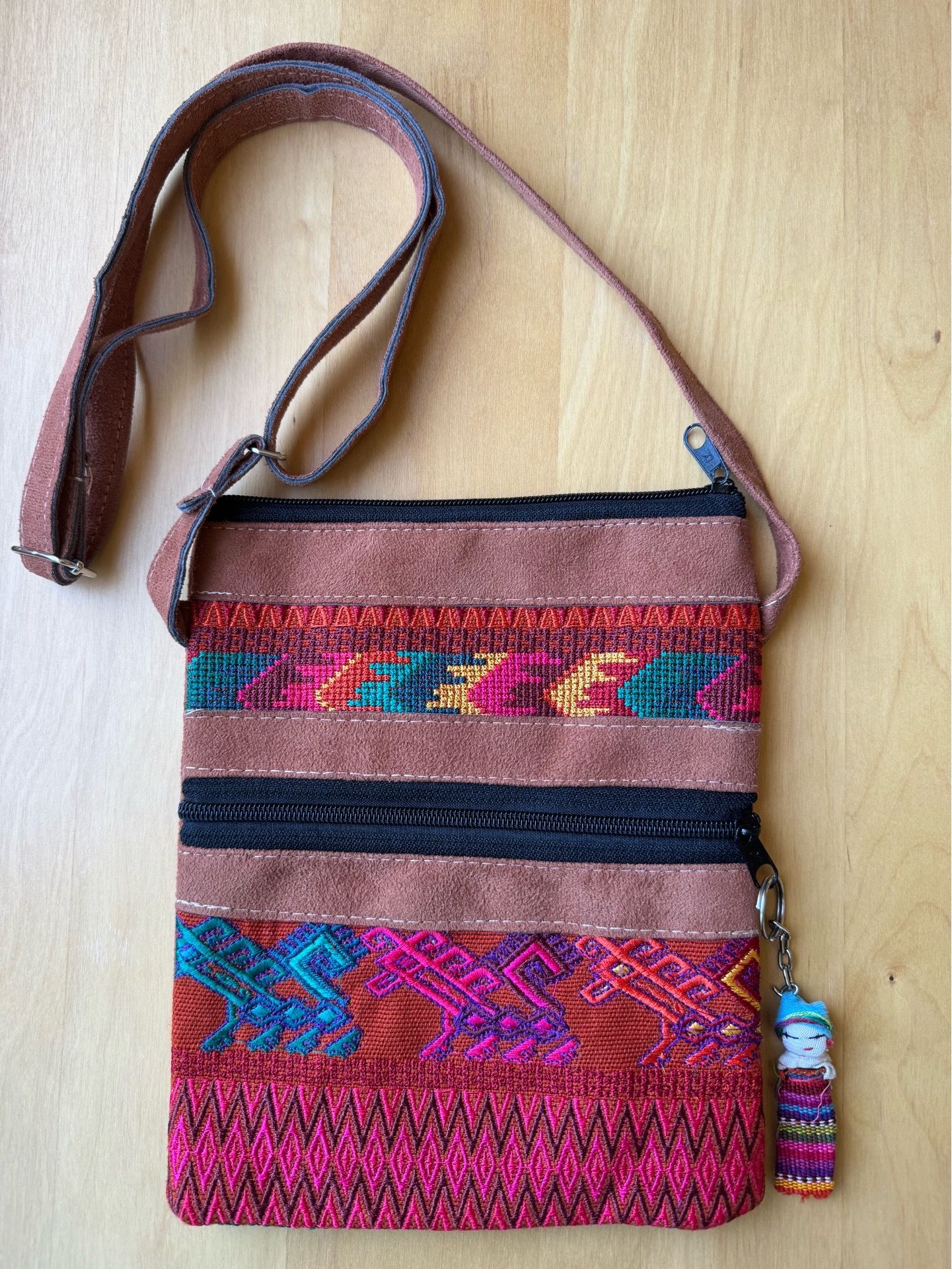 NEW Guatemalan Huipil Embroidered Boho Crossbody Bag w/ Worry Doll Keychain/Charm