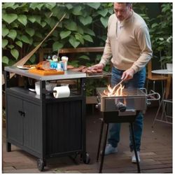 42" Outdoor (HDPE) Mobile Black BBQ Grill Cart with Hooks & Storage for Grilling Accessories  [NEW]  <Assembly Req>