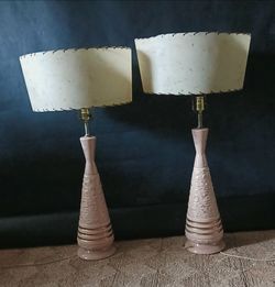 VTG MCM LAMP FIBERGLASS SHADES PINK GOLD MID CENTURY MODERN LIGHTS RETRO