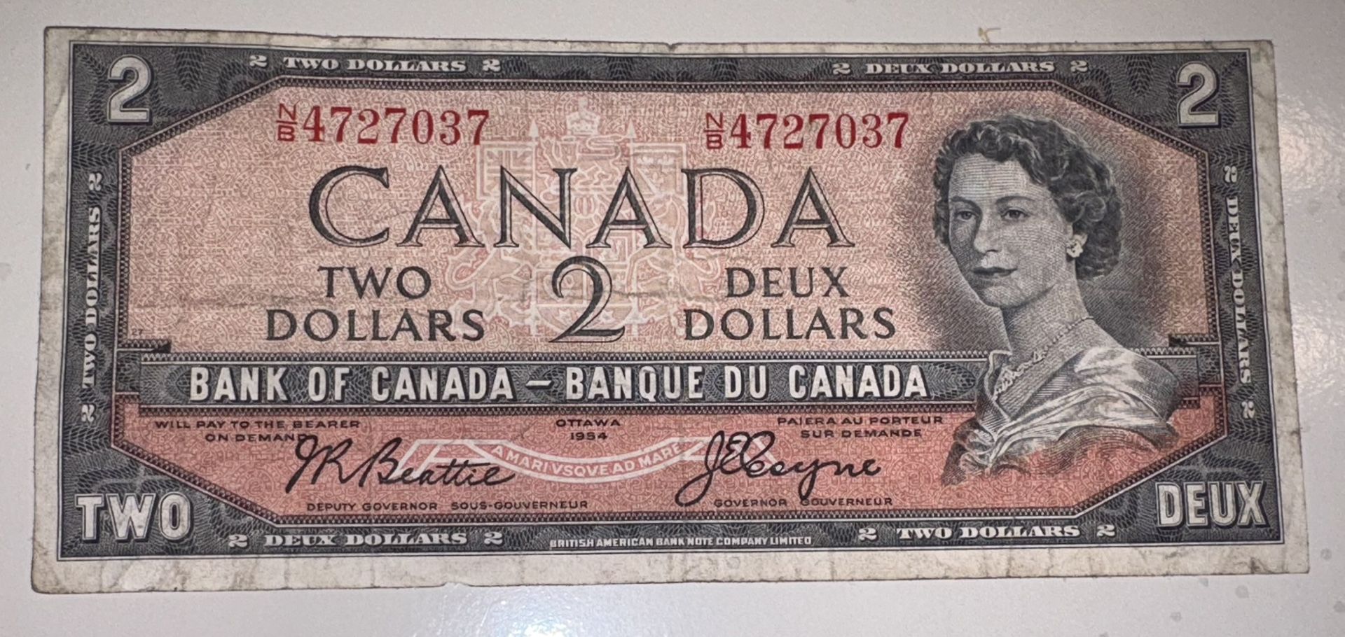 1954 Canada $2 Dollar Bill – Queen Elizabeth Circulated – Bank of Canada