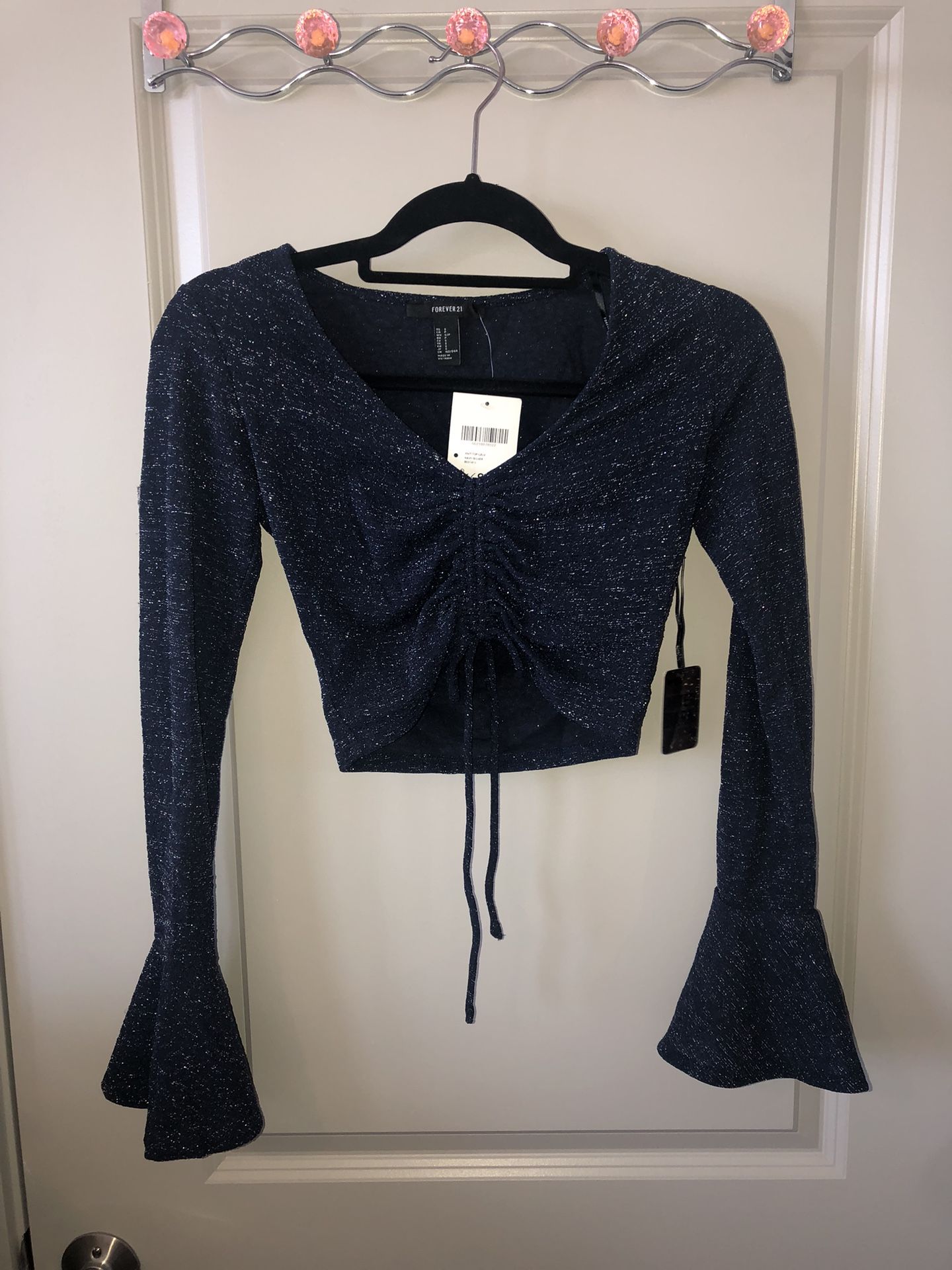 (NEW) Forever 21 Navy Blue Sparkle Ruched Crop Top Size Small