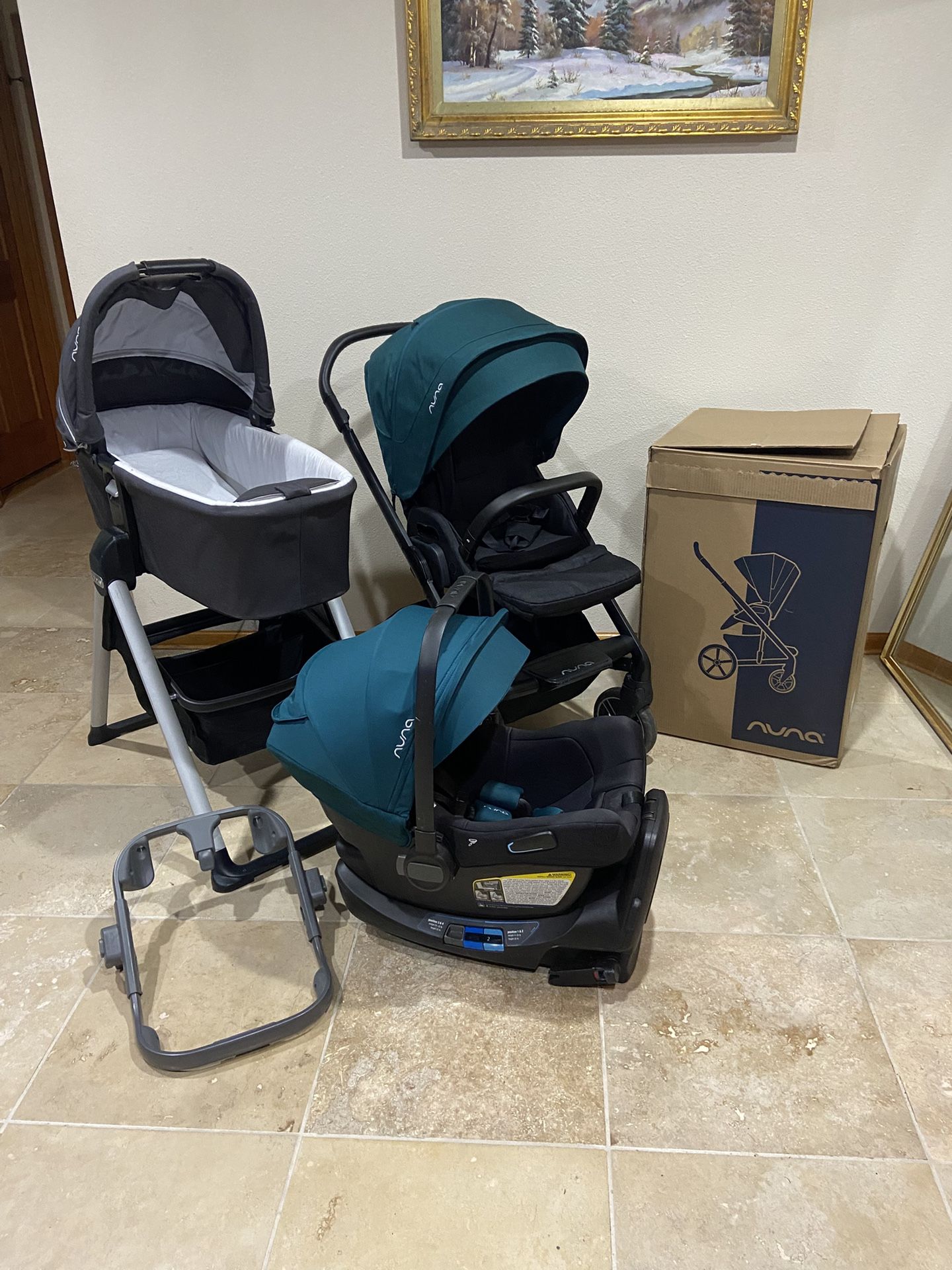 Nuna Mixx Stroller With Car Seat RX With Green Canopy And Bassinet With Stand 