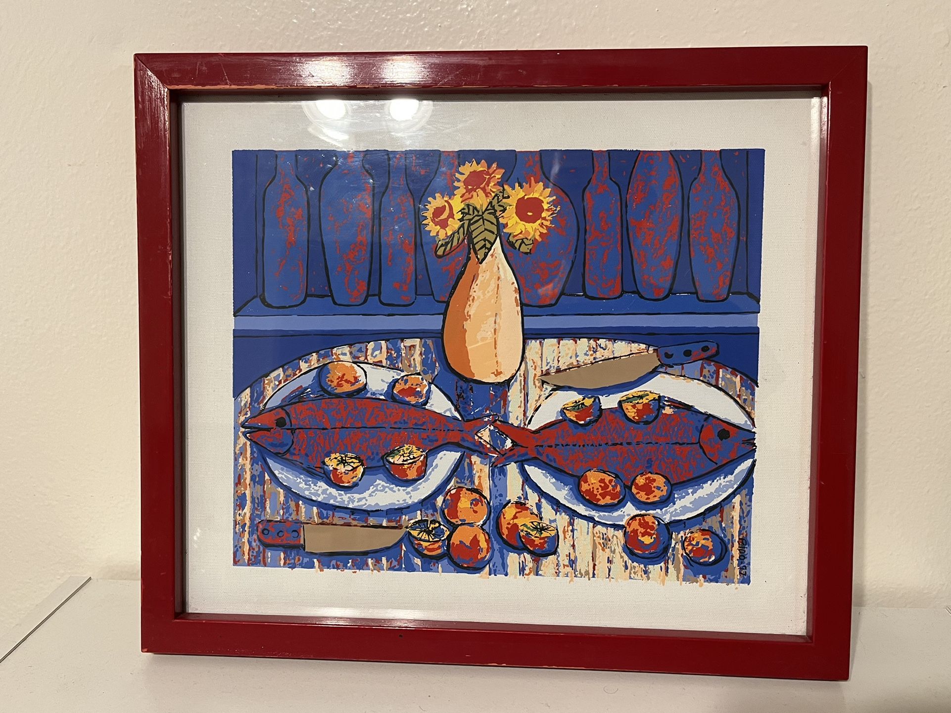 Candido Bido Serigraph On Canvas Still Life With Sunflowers And Fish