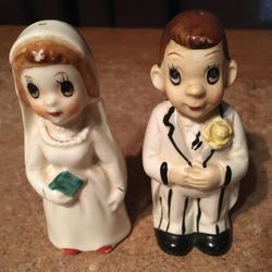 Vintage Two-faced Bride And Groom Salt And Pepper Shakers Enesco Japan