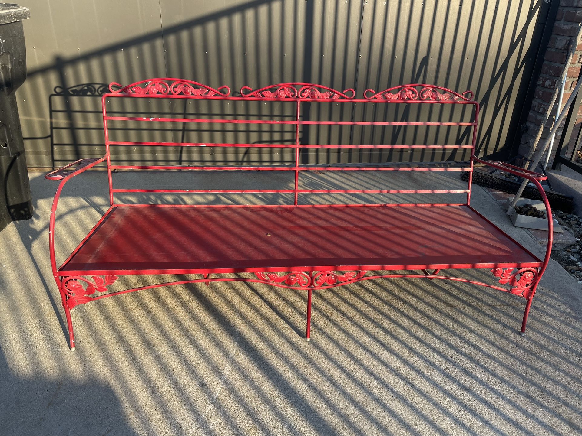 Vintage Red Wrought Iron Bench