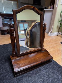 Vintage Wooden Tabletop Cheval Mirror with Hidden Jewelry Storage
