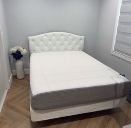Queen Bed- White Headboard, Frame, Nectar Mattress and mattress cover, Box Spring