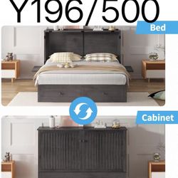 Y196🔥Queen Murphy Bed Cabinet with Drawers and Tri-Fold Mattress, Modern Versatile Wood Chest Cabinet Wall Bed with USB Charging Station, Wooden Gues