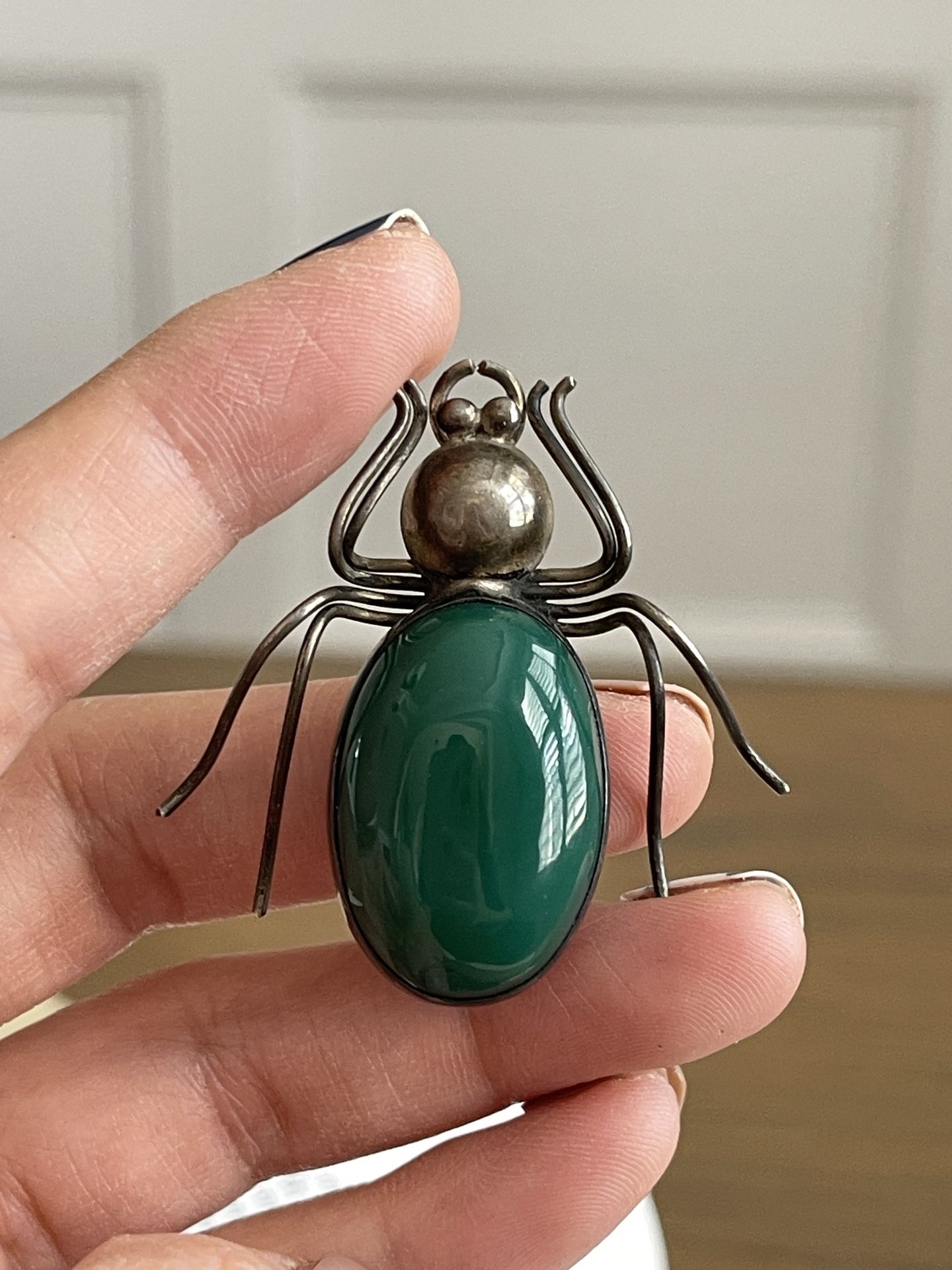 Vintage Mexico Taxco 980 Sterling Green Glass Bug Insect Spider Brooch Pin