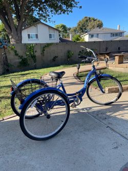 Adult Blue Three-Wheel Cruiser Bike with Basket