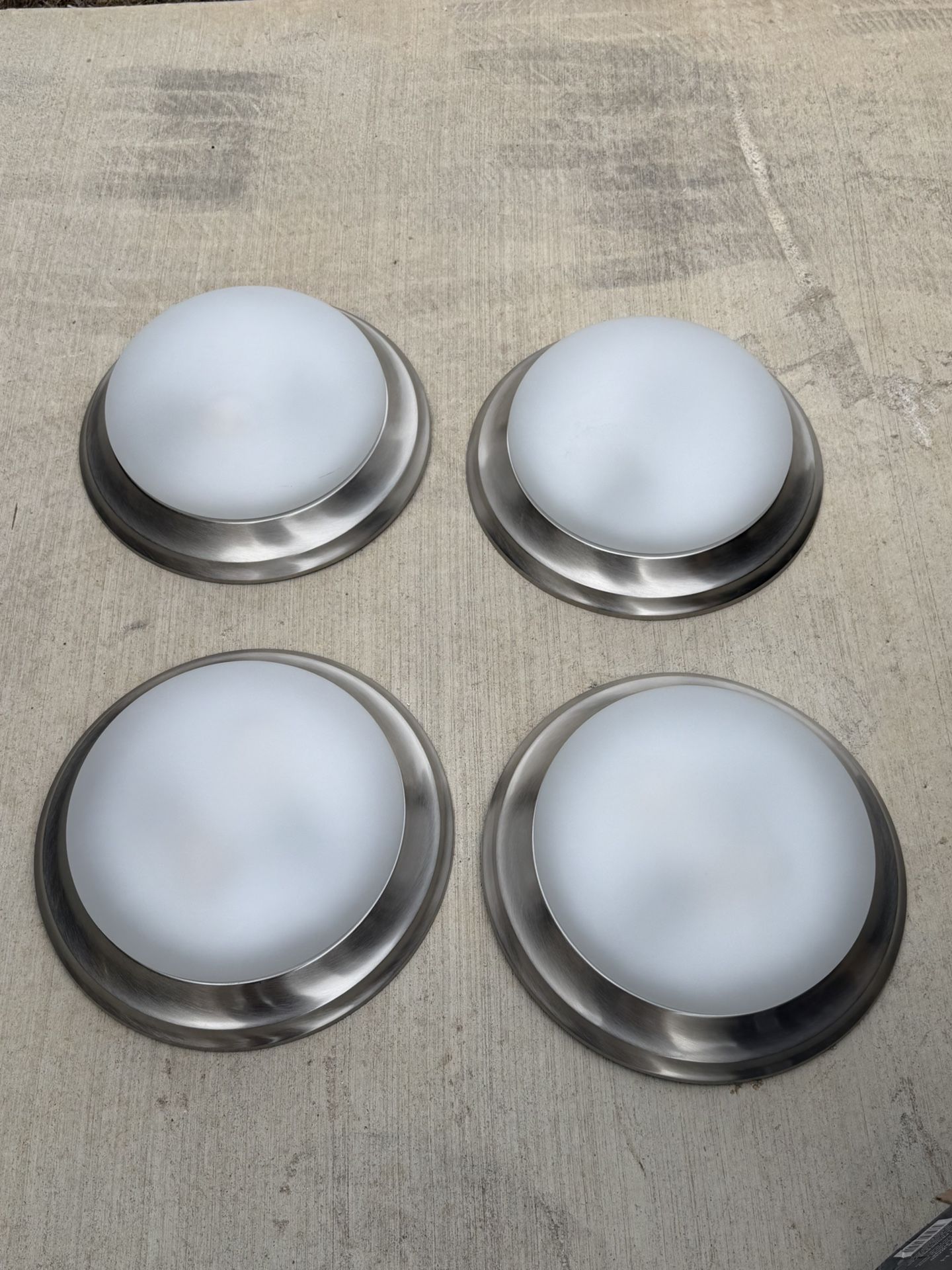 Brand New In Box 4-Light Brushed Nickel Flush Mount with Round White Glass Shade