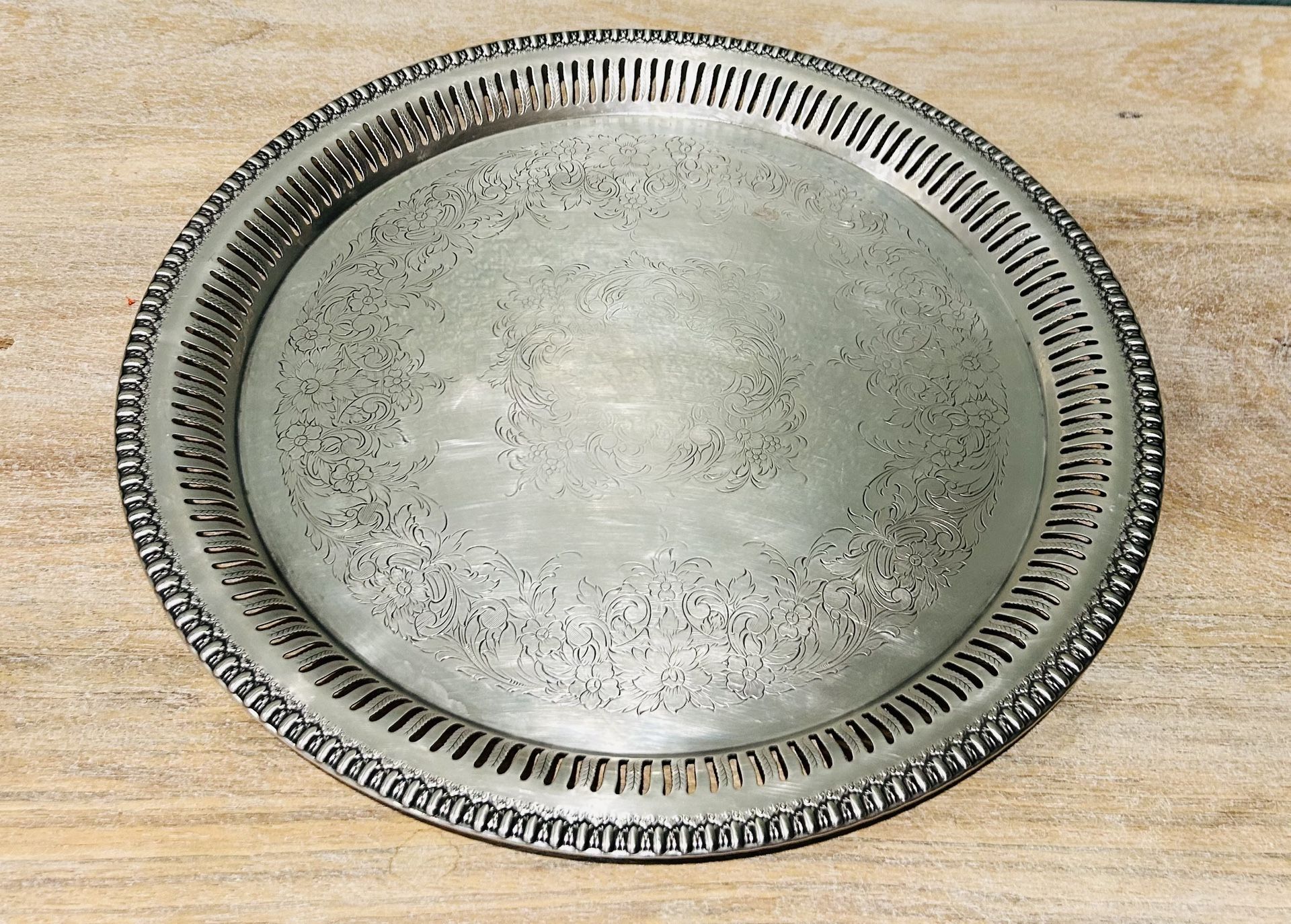 Round Vintage Pierced Rim 14.5” Silverplate