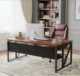 63 in. Rectangular Deep Brown and Black Engineered Wood Computer Desk with Storage Shelf, Home Office Desk