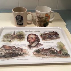 2 NEW William Shakespeare Ceramic Coffee Mugs + Shakespeare Country Serving Tray