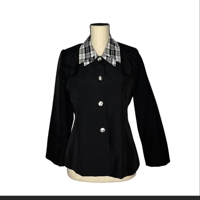 Chic Black and White Plaid Collar Blazer