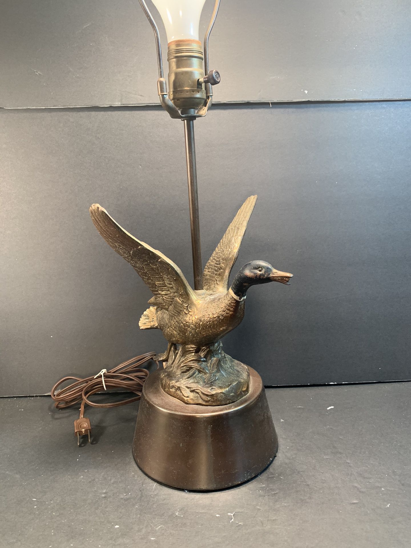 Antique Metal Handpainted Mallard-Duck Table Lamp with Shantung Shade (Height: 23”)