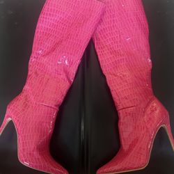 Hot Pink Knee High Heeled Boots