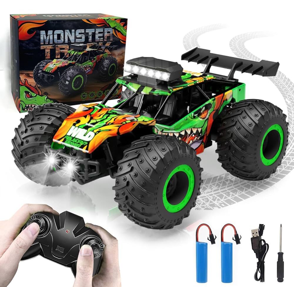 Remote Control Car, 1/18 RC Car for Kids Ages 4 5 6 7 8 9+ with 2 Batteries - Dinosaur Monster Truck 2.4GHz, 20KM/h: Toys for Children's Games and Gif