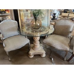 Beautiful Round Ornate Table Glass Top 2 Chairs