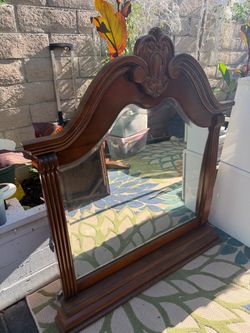 Large Vintage Wooden Dresser Mirror - Carved Crown & Beveled Glass