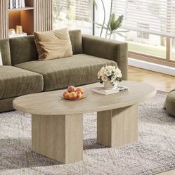 HL0287 45.28" Oval Coffee Table for Living Room, Large Modern Coffee Table, Engineered Wood Center Table with Asymmetric Pedestal Legs, Oak