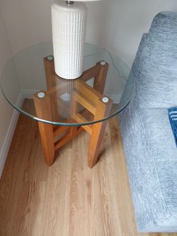Round Glass Top Wood End Table