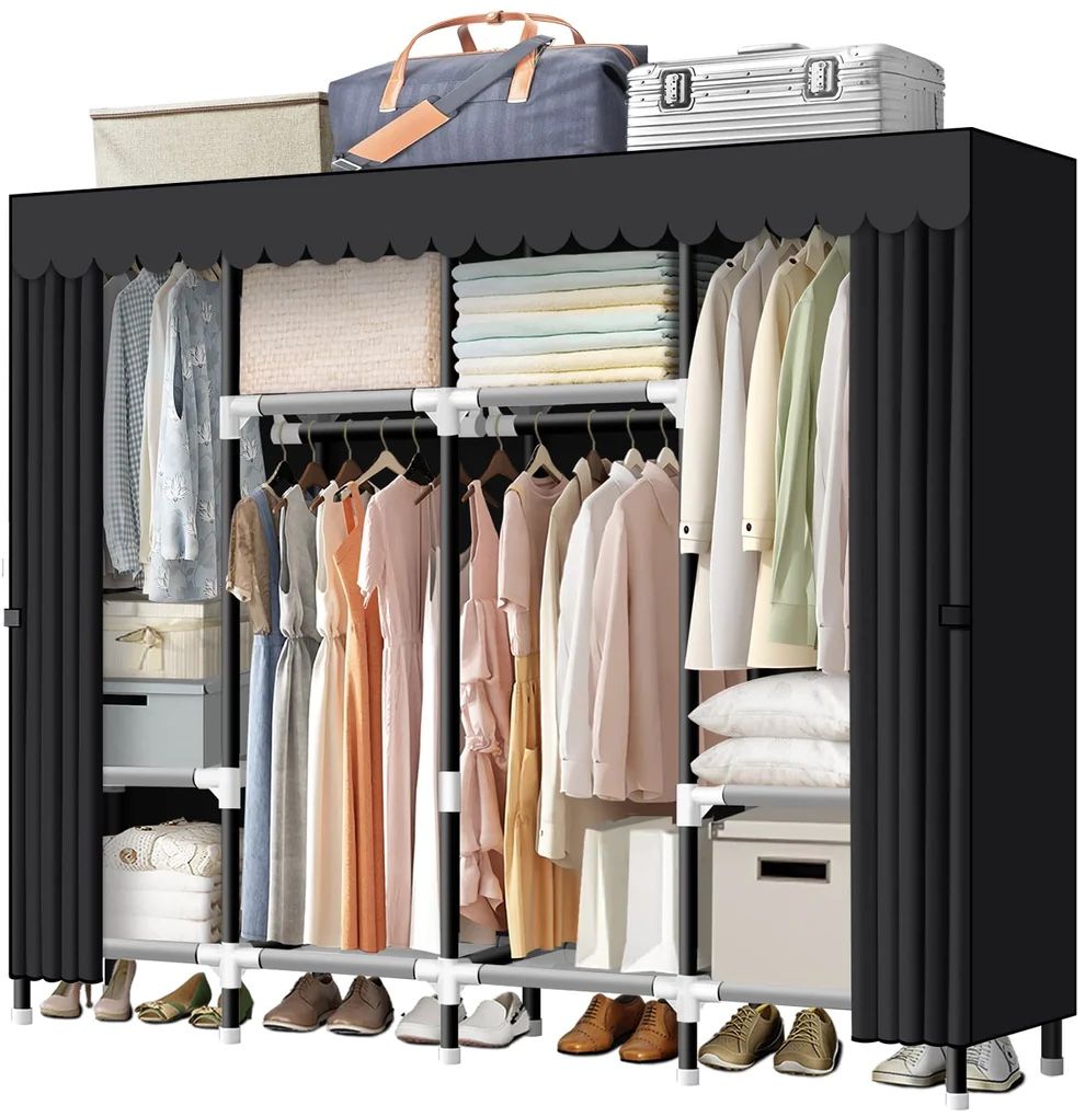 New 67 x 69 inch Portable Closet Wardrobe Organizer for Hanging Clothes with 4 Hanging Rods Lightweight Storage